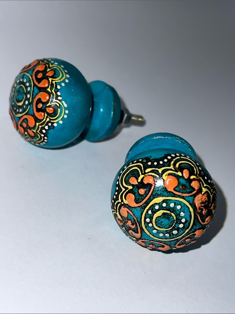 Moroccan Style Hand Painted Wooden Teal Orange Drawer Pulls Knobs - Set of 2